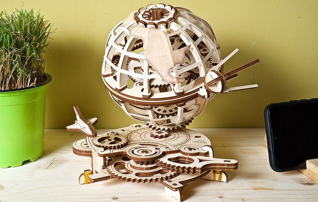 Ugears Globus - mechanical DIY kit, moving mechanical 3D puzzle made of wood